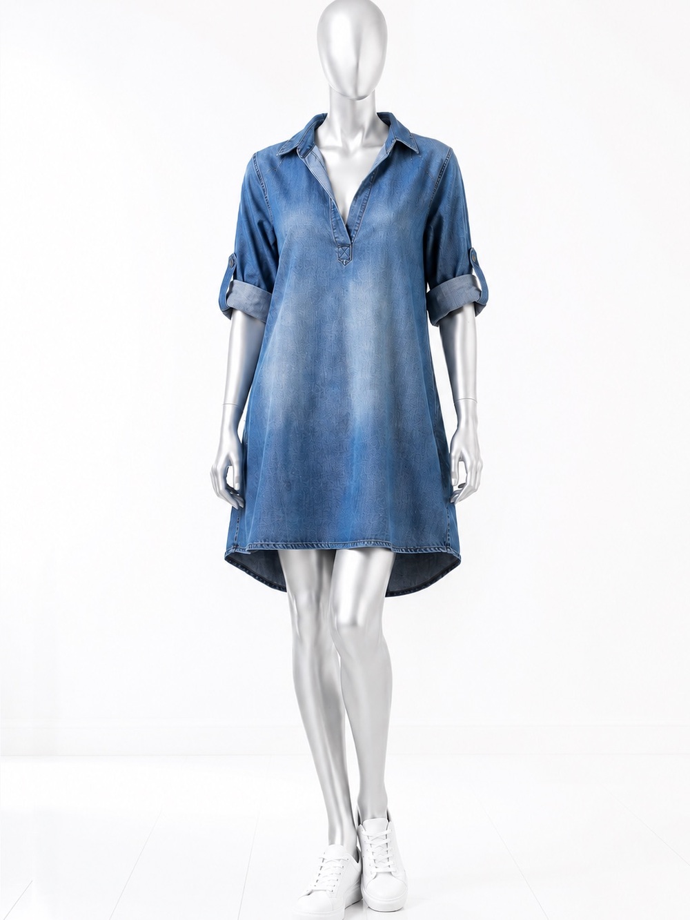 Relaxed Blue Denim Tunic with Roll-Tab Sleeves